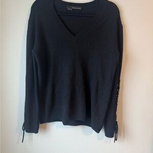 360 Cashmere Classic Black V-Neck Sweater with Lace Up Grommet Sleeve Detail